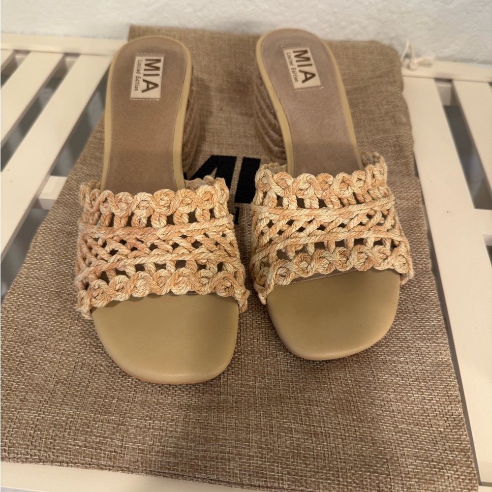 MIA Women's Beige Woven Sandals with Block Heel